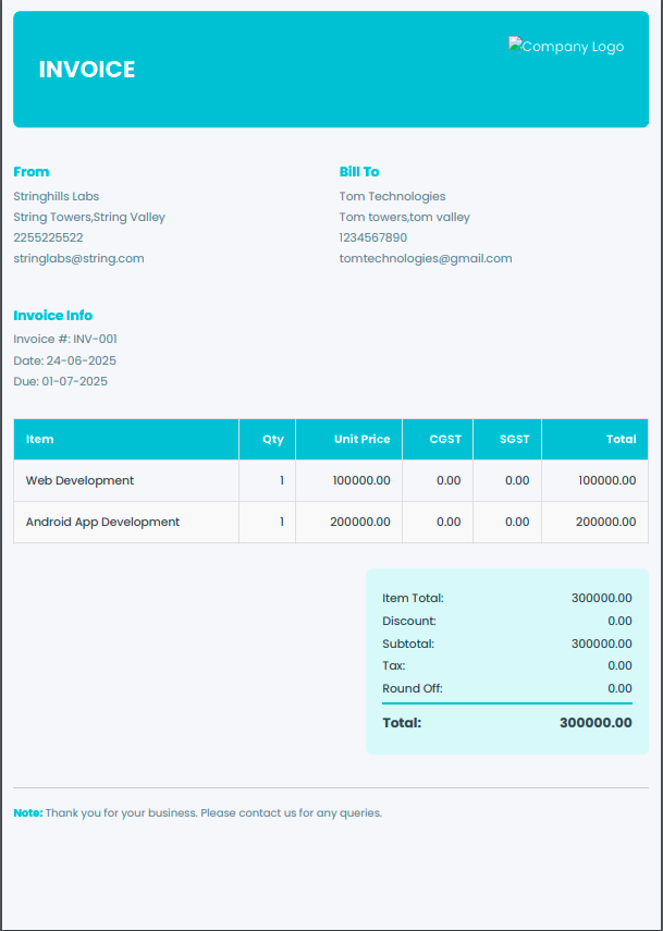 Aqua Breeze invoice template preview