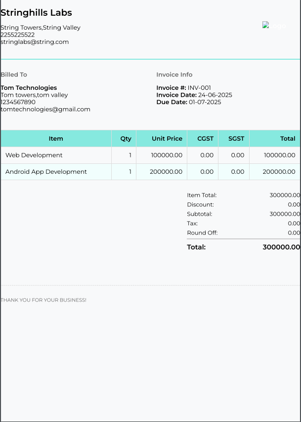 Aqua Glow invoice template preview